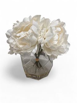 Faux White Peony Arrangement in Glass Vase