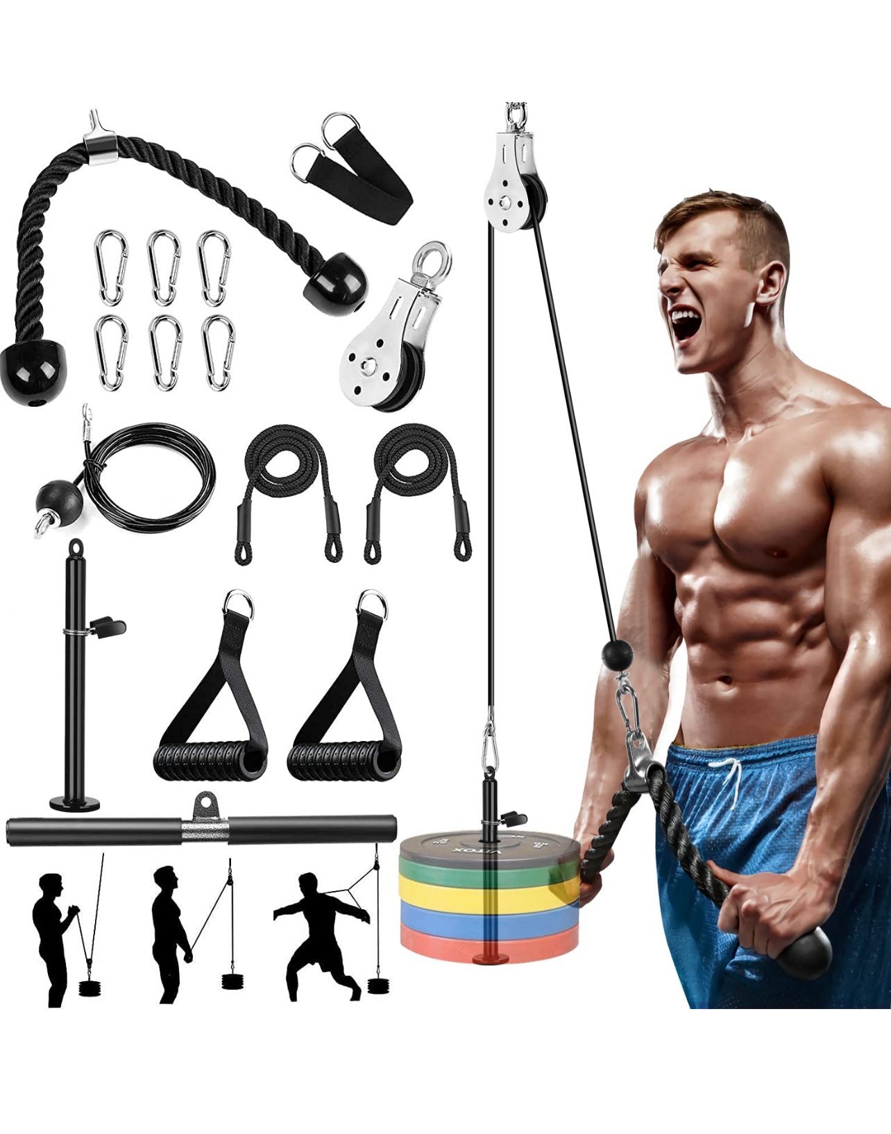 Cable Pulley System for Home Gym Exercise, LAT Pulldown Machine Attachments 3 in 1 Pulley Cable Machine System with LAT Pull Down Bar, Triceps Rope, G