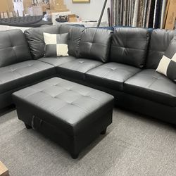 Black 3PCS Sectional W/Storage Ottoman (Right or Left Chaise)