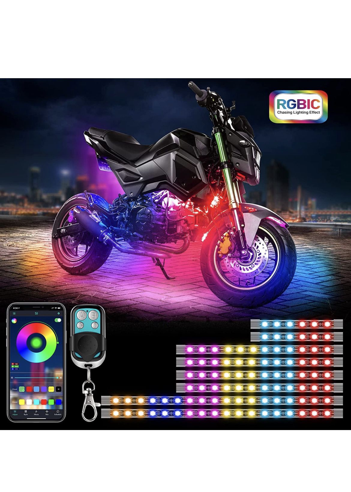 Motorcycle LED Light Kit, Ropelux Upgraded Dreamcolor RGBIC Motorcycle Led Lights App with 4-Key RF Remote Control DIY 16 Million Colors Brake Light S