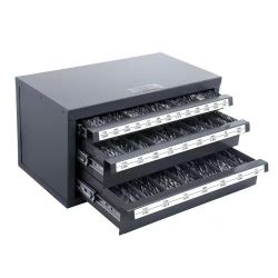 221}Drill Bit Dispenser Cabinet, Three-Drawer Drill Bit Organizer Cabinet for 1/16" to 1/2", Steel Drill Dispenser Organizer Cabinet with Labels, Stac