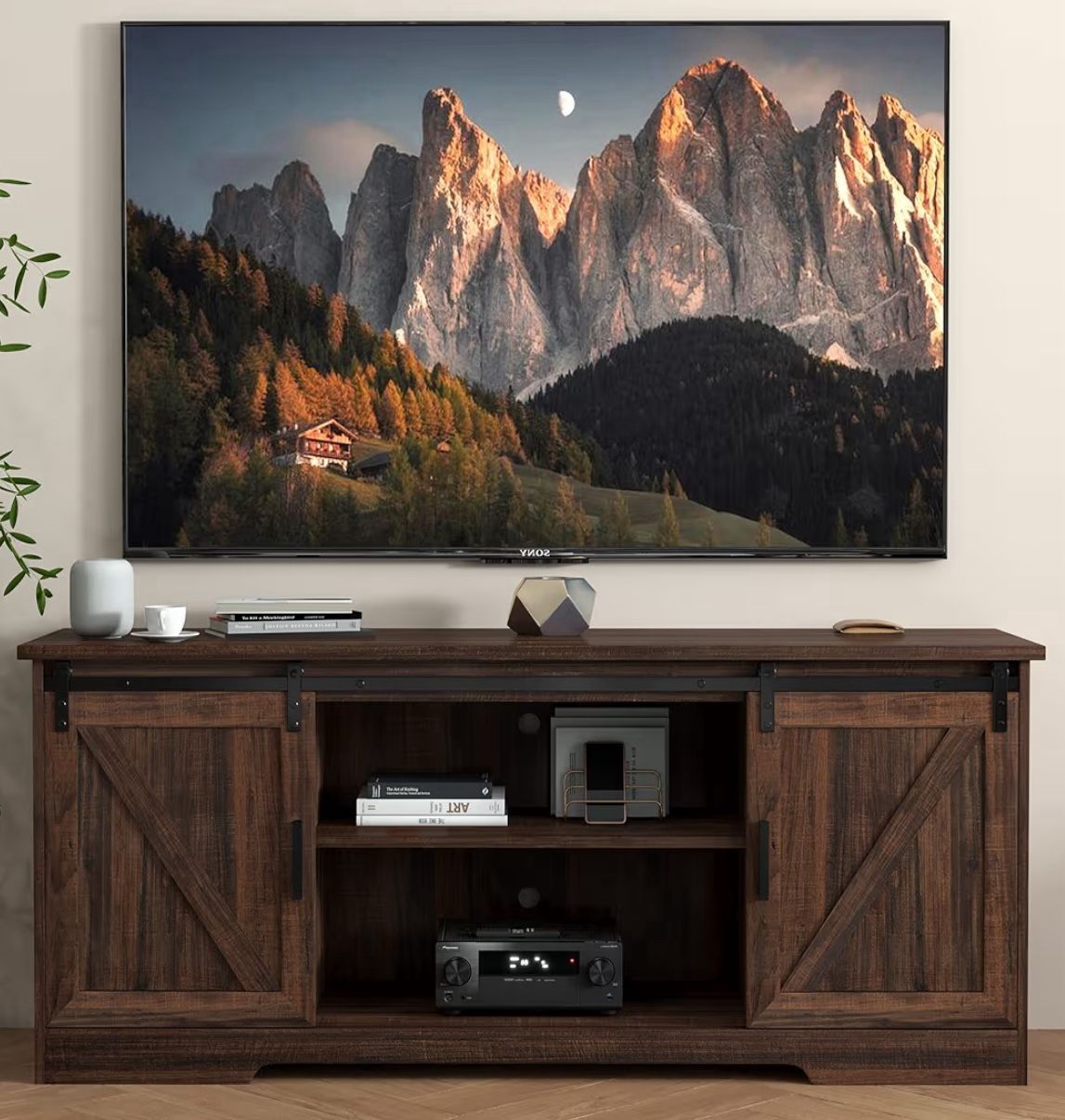 Farmhouse 65" TV Stand, Modern TV Stand Brown, Entertainment Center with Storage Cabinet, Sliding Barn Door Media Cabinet (Brown)