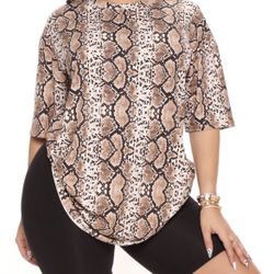 Snakeskin Print Tunic Top Brown Combo Short Sleeve Shirt Size Small