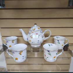 5pc Porcelain Tea / Coffee set ( NEW ) 1 Teapots & 4 cups / mugs. Butterfly / Floral / Flower