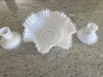 Fenton Silver White Milk Glass Bowl And 2 Candlesticks