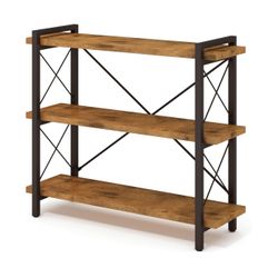 Bookshelf, 3-Tier Industrial Bookcase, Rustic Open Book Shelf, Wood and Metal Horizontal Bookshelves