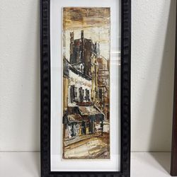 Paris Montmartre Cafe Street Scene 1986 Mixed Media Framed Original Art 11x24”