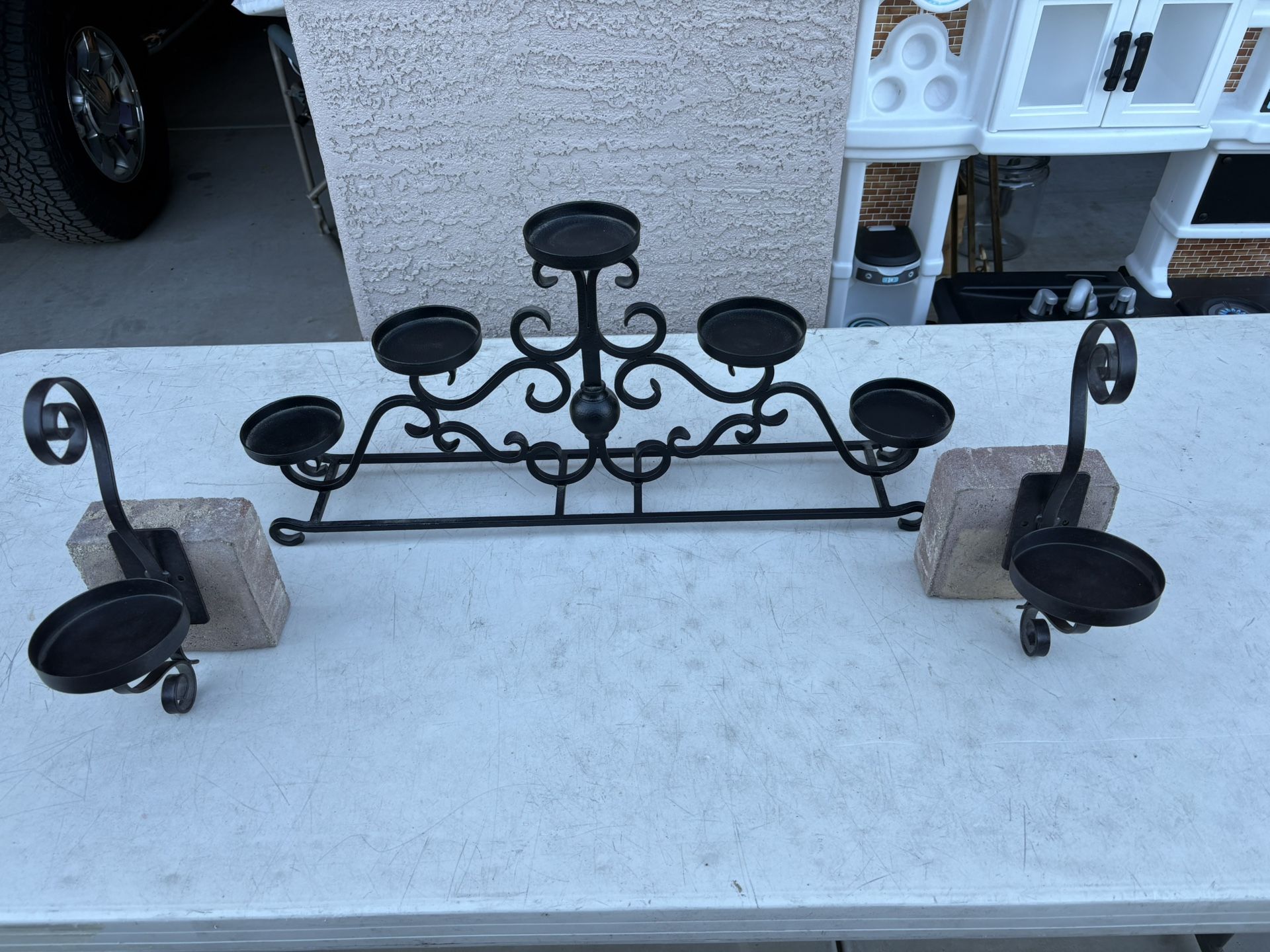 Large Iron 5 Candle Holder With 2 Matching Wall Mount Single Holders