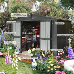 Outdoor Storage Shed 10'x 8', Metal Garden Shed for Bike, Trash Can, Tools, Galvanized Steel Outdoor Storage Cabinet with Lockable Door for Backyard, 