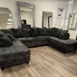 Black Fabric Sectional With Double Chaise. Brand New. 