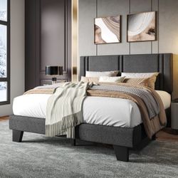 Upholstered King Size Bed Frame with Linen Fabric Headboard, Strong Wooden Slats Support, Noise Free, No Box Spring Needed, Dark Grey