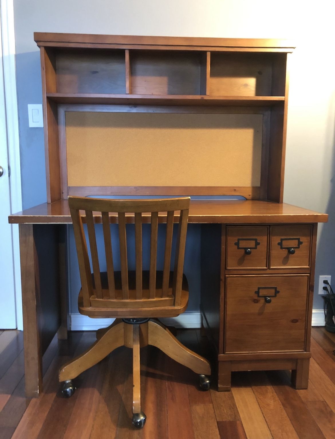 Pottery Barn. Detachable Hutch with Pinup Board Attached, Desk with Drawers And Chair