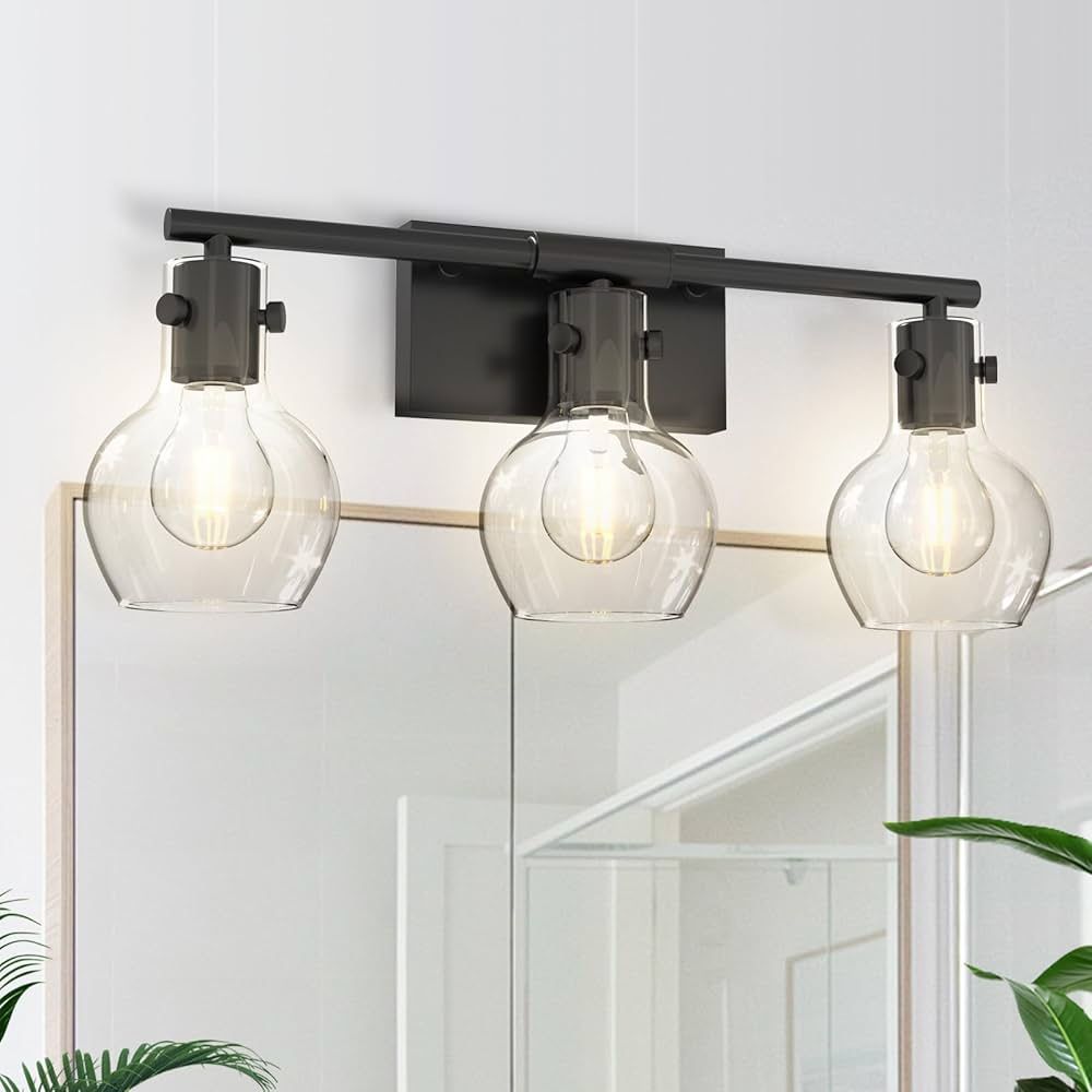 3-Light Black Bathroom Vanity Light with Clear Glass Shade, Anti-Rust Modern Vanity Lights
