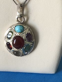 Custom made necklace pendant sterling silver ,7 real stone ,turquoise, Garnet ,quartz, amethyst,emerald ,peridot ,Agate,16”,oval ,NEW NEVER BEEN USED