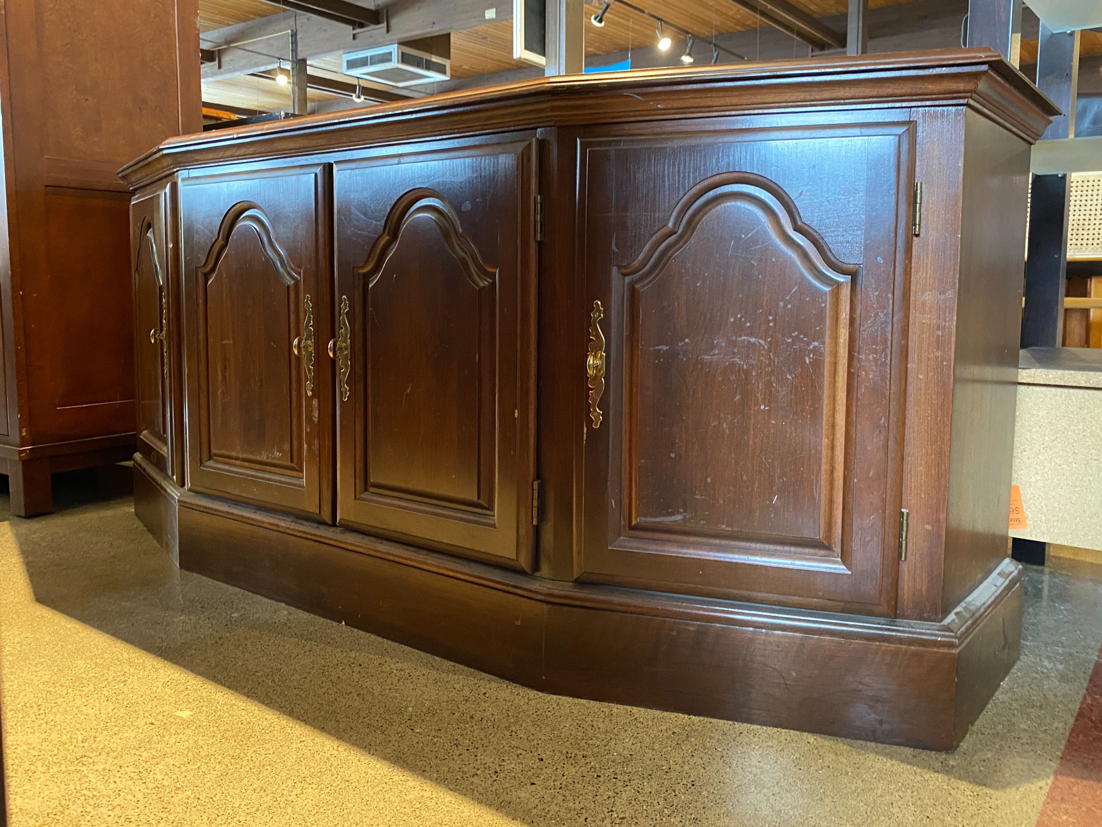 Traditional Low Brown Trapezoid Buffet w/ Shelving