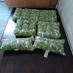 Green  Leaves White Background With Beige Stripes. Tropical Outdoor Patio Set