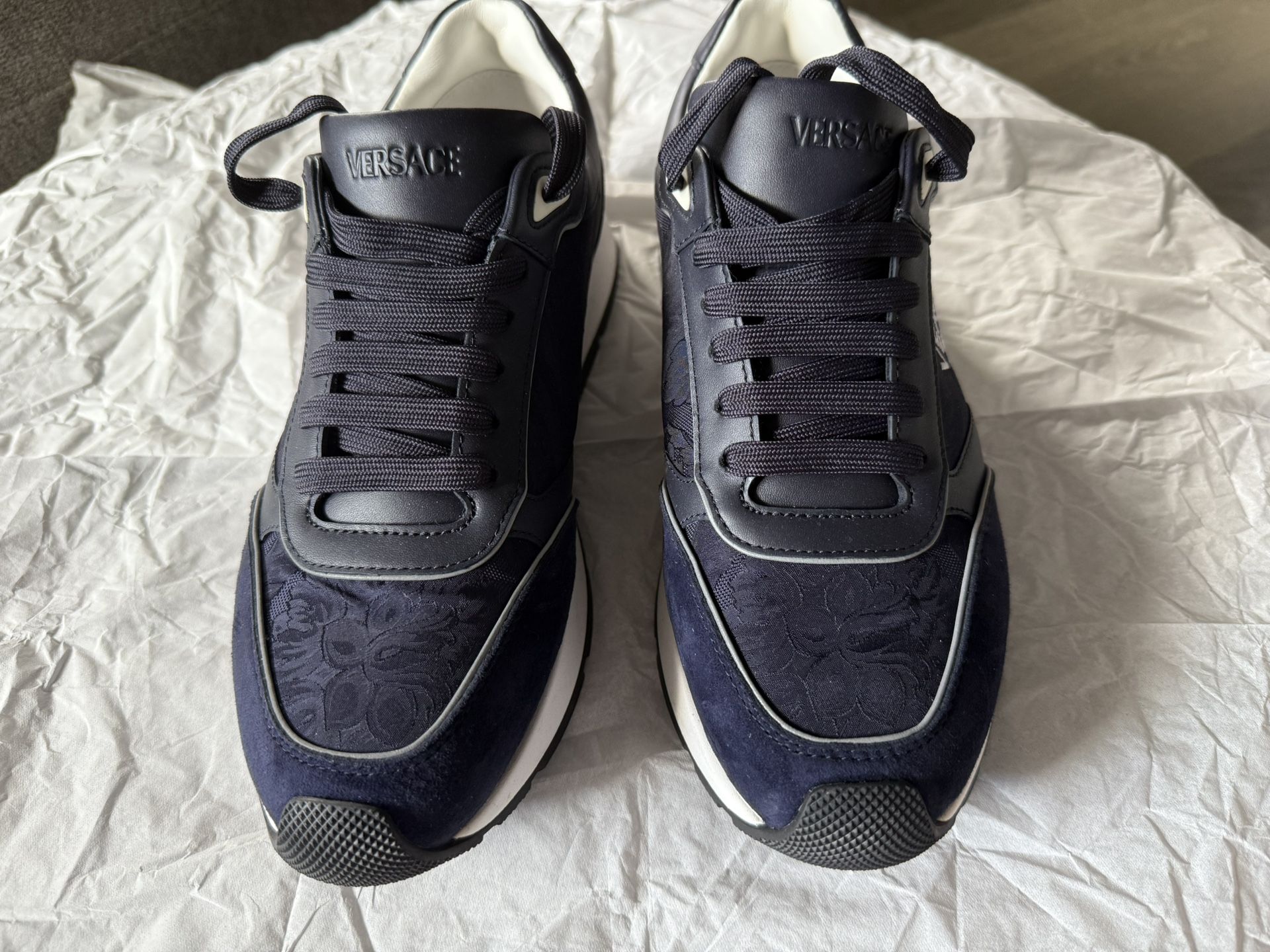 BRAND NEW 🔥 Versace Men's Blue Logo Embroidery Suede Leather Sneakers Shoes