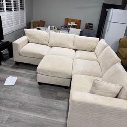 4-pc Sectional Sofa With Ottoman Ivory Corduroy 