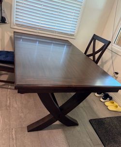 dark oak dining table with 2 chairs