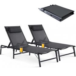 2 Pack Foldable Chaise Lounge Chair with Cup Holder, Assemble-Free Outdoor Lounge Chair with Detachable Pillow and 6 Adjustable Backrest, Patio Lounge
