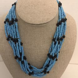 Vintage Multi Strand Turquoise Color Glass Beads Clasp Necklace 18"