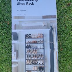 The Container Store 8-tier Freestanding Shoe Rack Graphite holds 24 NEW in Box