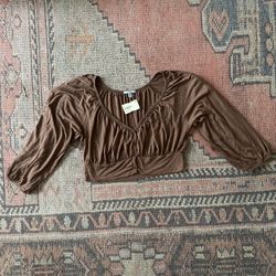 Elyse Walker Brown V-Neck Button-Down Cropped Blouse