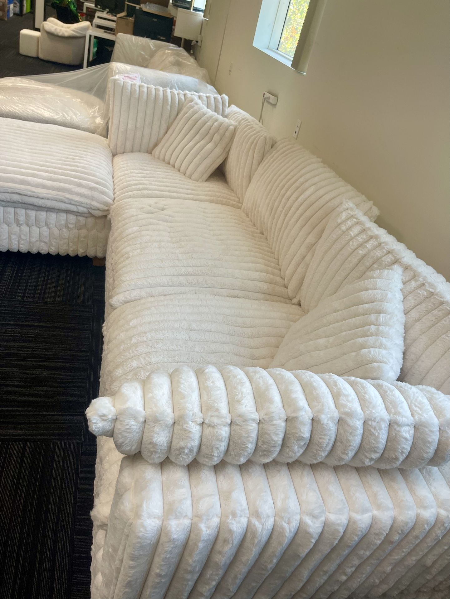 White Sectional Sofa - Soft Fur Like Corduroy Fabric