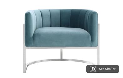 Sea Blue Velvet Fabric Accent Barrel Arm Chair with Silver Base