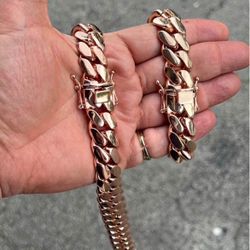🌹💎 Chain 20mm Miami Cuban Link Rose Gold Plated Chain Necklace & Bracelet 18k & 14k👑