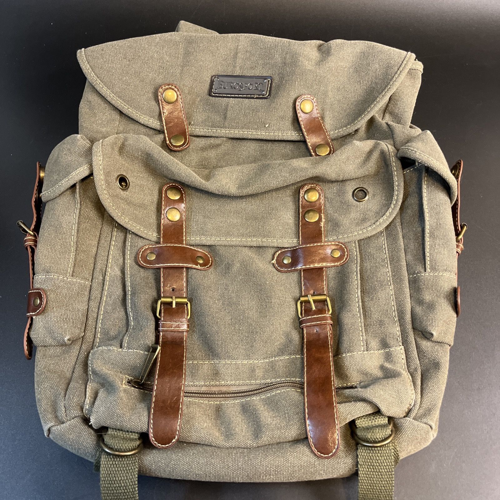 Eurosport Backpack Canvas Army Green Rucksack 19" Hiking Camp Laptop School Bag