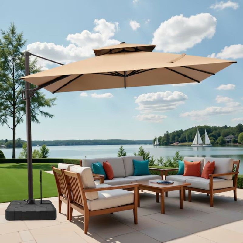 Crestlive Products 10-ft Aluminum Tan Crank Cantilever Patio Umbrella with Base, solar lights and speaker