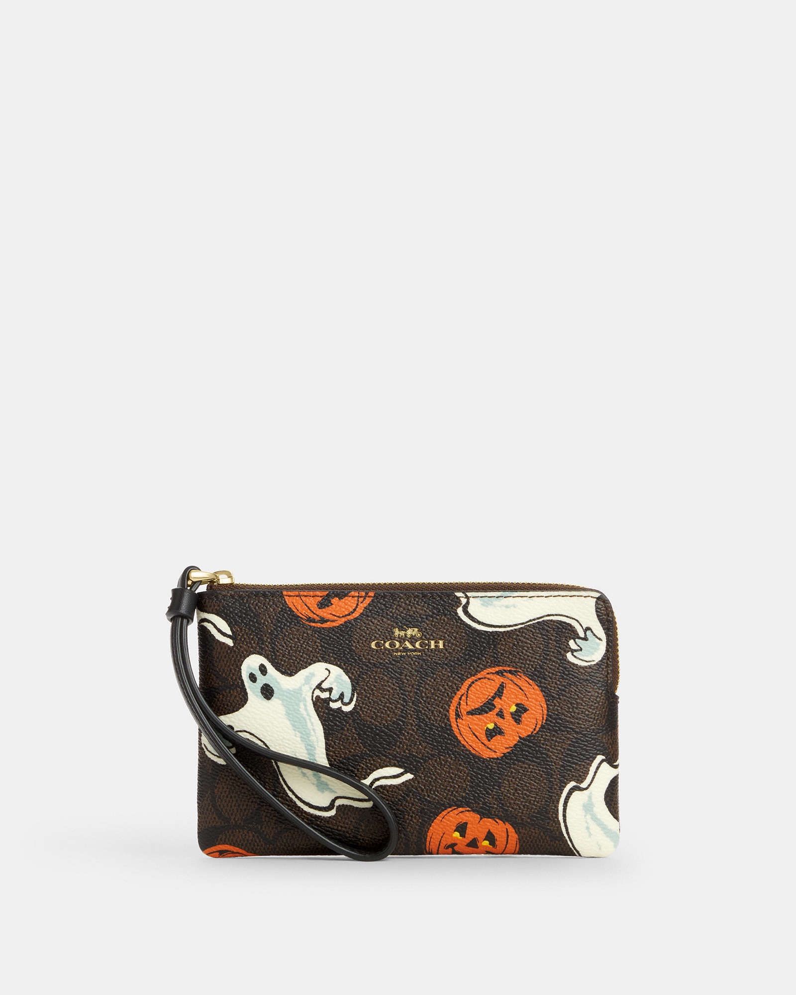 Coach Corner Zip Wristlet Bag Clutch Signature Halloween Ghost Pumpkin Print NWT
