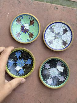 Vintage Chinese Cloisonné Floral Trinket Dishes Set of 4 – Colorful Enamel 3.75”