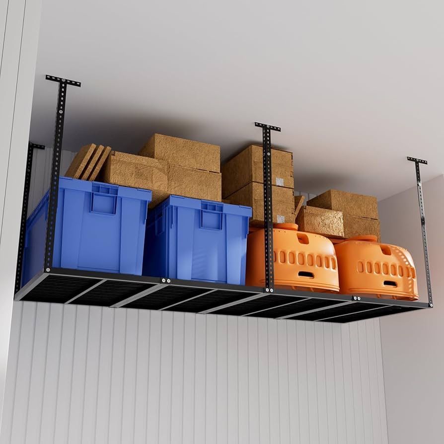 3x8 Overhead Garage Storage Rack, Heavy Duty Adjustable Ceiling Mounted Storage Shelving,Garage Hanging Metal Rack,750LBS Capacity, for Garage Ceiling