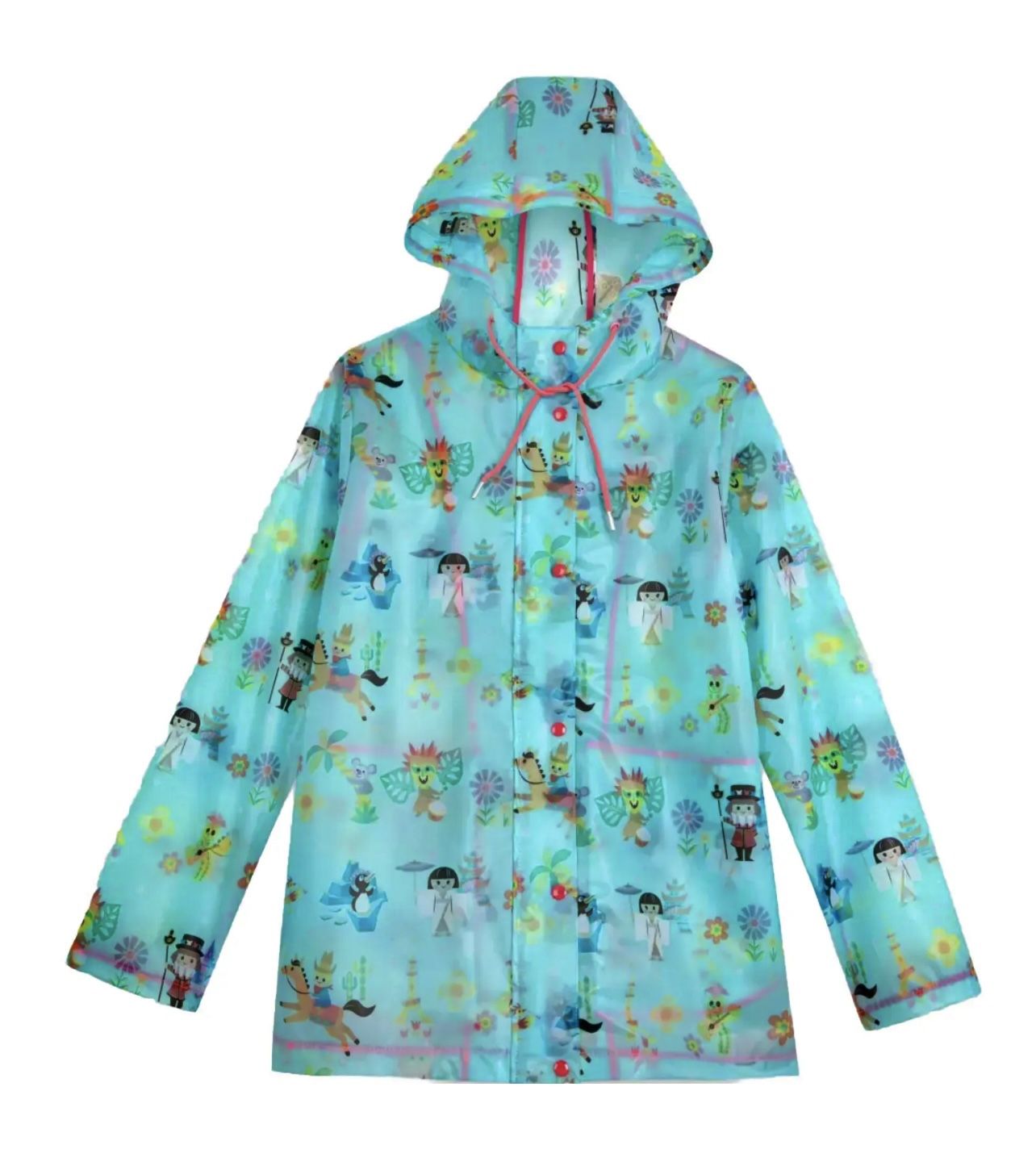 New Disney It's A Small World Rain Coat Jacket Buttons Zip Hood Pockets Size S