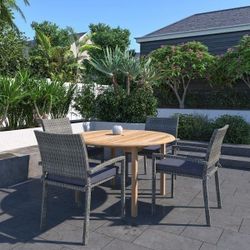 BRAND NEW Round 4 Piece 100% FSC Certified Teak Wood Table With Wicker And Cushions Chair Dining Set | Ideal Furniture Set for Outdoor