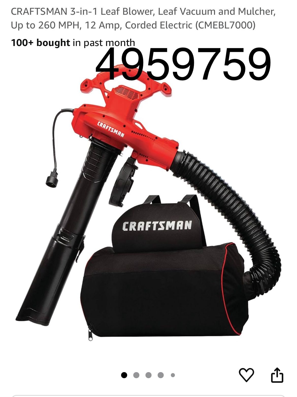 Craftsman Corded 3 In 1 Leaf Blower Leaf Vacuum And Mulcher