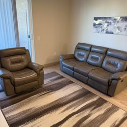 Genuine Leather gray reclining sofa couch and recliner chair beautiful set