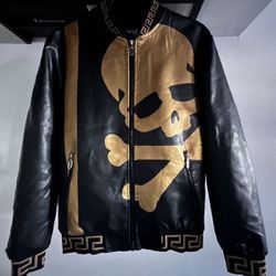New Black & Gold Skull PU Leather Jackets Mens Small