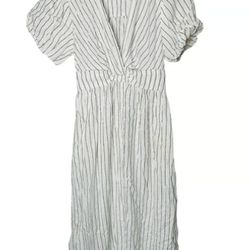DEREK LAM COLLECTIVE White Stripe Linen Collar Knot Waist Shirt Dress Size 42