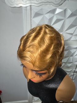 100% Human Hair Pixie Cut Wig Color 27 Honey Blonde Glueless Finger Wave Style