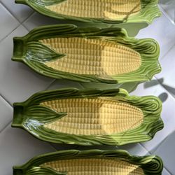 Vintage Ear of Corn Ceramic Set of 4,  Corn on the Cob Plates!  VK Signed 10” Long.