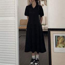 DUSHU Office Lady Simple Fashion POLO Collar Long Dress Casual All-match Black