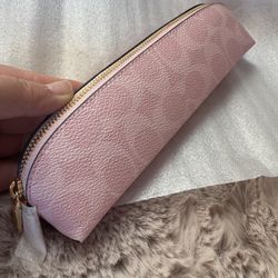 NWT COACH Pencil Case Signature Print CEA52 Leather Powder Pink/Brown