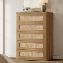 Tall Dresser for Bedroom - Rattan 5 Drawer Dressers Chest of Drawers with Push-to-Open Design, Modern Extra Deep Clothes Dresser with Large Storage fo