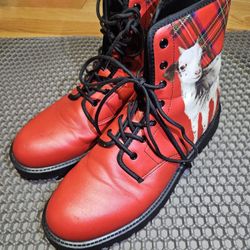 New Red and black leather lace-up boots with a Goat design sz 10