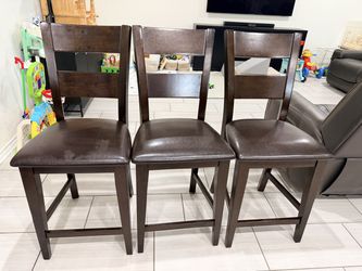 Set of 3 Counter-Height Bar Stools, Dark Espresso Wood & Faux Leather