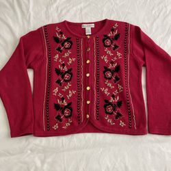 Ladies Dressbarn M Medium Red Metallic Button Sweater Cardigan