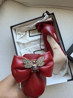 Gucci Red Leather Bow Pump with Jeweled Bee Accent